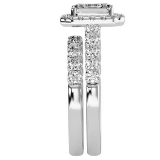 Previously Owned 2 1/2 Carat Emerald Cut Halo Lab Grown Diamond Bridal Set In 14 Karat White Gold, Size 8.5