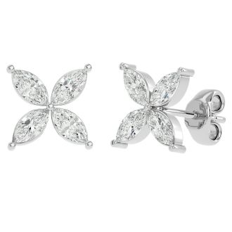 Previously Owned 2 Carat Marquise Shape Diamond Cluster Stud Earrings In 14 Karat White Gold