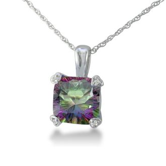 2 Carat Cushion Shape Mystic Topaz Necklace With Diamond Prongs In 10 Karat White Gold, 18 Inches