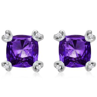 2ct Cushion Amethyst and Diamond Earrings in 10k White Gold