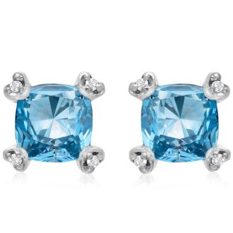 2ct Cushion Blue Topaz and Diamond Earrings in 10k White Gold