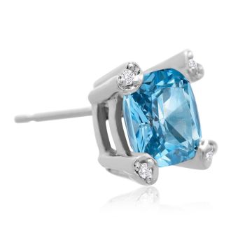 2ct Cushion Blue Topaz and Diamond Earrings in 10k White Gold