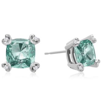 2ct Cushion Green Amethyst and Diamond Earrings in 10k White Gold