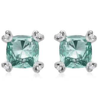 2ct Cushion Green Amethyst and Diamond Earrings in 10k White Gold