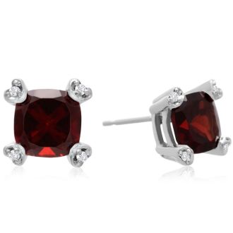 Garnet Earrings: Garnet Jewelry: 2ct Cushion Garnet and Diamond Earrings in 10k White Gold