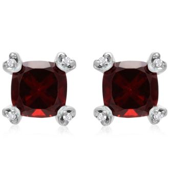 Garnet Earrings: Garnet Jewelry: 2ct Cushion Garnet and Diamond Earrings in 10k White Gold