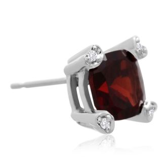 Garnet Earrings: Garnet Jewelry: 2ct Cushion Garnet and Diamond Earrings in 10k White Gold