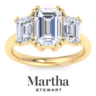 Martha Stewart 5 Carat Emerald Cut Lab Grown Diamond Three Stone Engagement Ring In 14K Yellow Gold