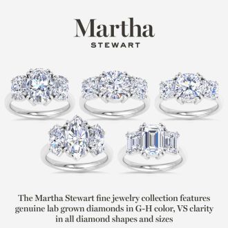 Martha Stewart 5 Carat Emerald Cut Lab Grown Diamond Three Stone Engagement Ring In 14K Yellow Gold