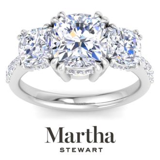 Martha Stewart 5 1/2 Carat Cushion Cut Lab Grown Diamond Three Stone Plus Engagement Ring In 14K White Gold