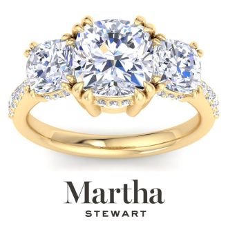 Martha Stewart 5 1/2 Carat Cushion Cut Lab Grown Diamond Three Stone Plus Engagement Ring In 14K Yellow Gold
