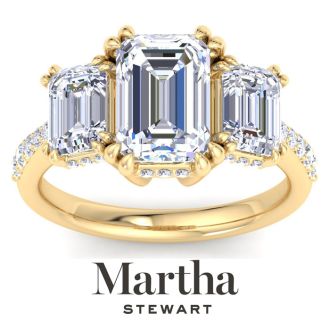 Martha Stewart 5 1/2 Carat Emerald Cut Lab Grown Diamond Three Stone Plus Engagement Ring In 14K Yellow Gold