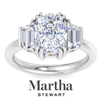 Martha Stewart 5 Carat Cushion Cut and Trapezoid Lab Grown Diamond Three Stone Engagement Ring In 14K White Gold