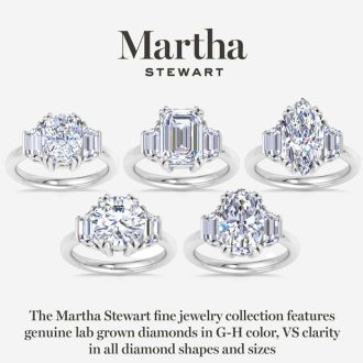 Martha Stewart 5 Carat Cushion Cut and Trapezoid Lab Grown Diamond Three Stone Engagement Ring In 14K White Gold