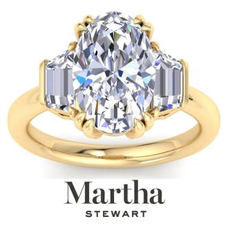 Martha Stewart 5 Carat Oval Shape and Trapezoid Lab Grown Diamond Three Stone Engagement Ring In 14K Yellow Gold