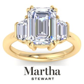 Martha Stewart 5 Carat Emerald Cut and Trapezoid Lab Grown Diamond Three Stone Engagement Ring In 14K Yellow Gold