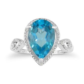 3 1/2ct Pear Shaped Blue Topaz and Diamond Ring in 10k White Gold