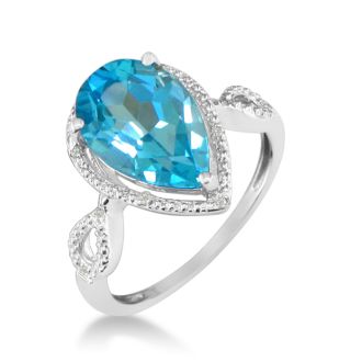 3 1/2ct Pear Shaped Blue Topaz and Diamond Ring in 10k White Gold