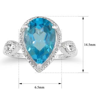 3 1/2ct Pear Shaped Blue Topaz and Diamond Ring in 10k White Gold