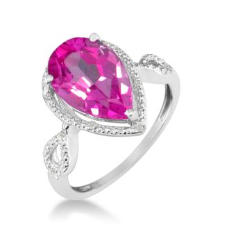 Pink Gemstones 3 1/2ct Pear Shaped Pink Topaz and Diamond Ring in 10k White Gold