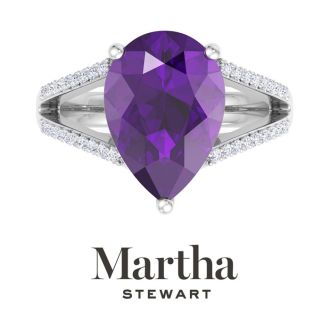 Martha Stewart 5 1/2 Carat Pear Shape Amethyst and Lab Grown Diamond Ring In Sterling Silver