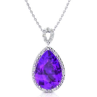 3 1/2ct Pear Shaped Amethyst and Diamond Necklace In 10K White Gold