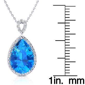 3 1/2ct Pear Shaped Blue Topaz and Diamond Necklace In 10K White Gold