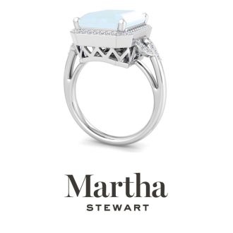 Martha Stewart 7 1/3 Carat Emerald Cut Aquamarine and Lab Grown Diamond Halo Ring In Sterling Silver