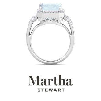 Martha Stewart 7 1/3 Carat Emerald Cut Aquamarine and Lab Grown Diamond Halo Ring In Sterling Silver