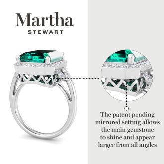 Martha Stewart 7 1/3 Carat Emerald Cut Emerald and Lab Grown Diamond Halo Ring In Sterling Silver