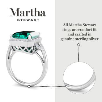 Martha Stewart 7 1/3 Carat Emerald Cut Emerald and Lab Grown Diamond Halo Ring In Sterling Silver