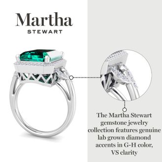 Martha Stewart 7 1/3 Carat Emerald Cut Emerald and Lab Grown Diamond Halo Ring In Sterling Silver