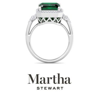 Martha Stewart 7 1/3 Carat Emerald Cut Emerald and Lab Grown Diamond Halo Ring In Sterling Silver