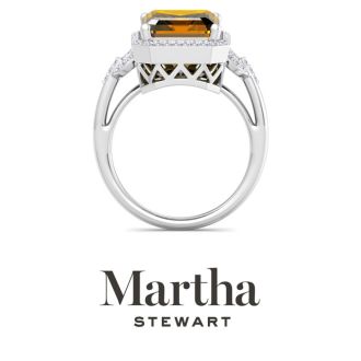 Martha Stewart 7 1/3 Carat Emerald Cut Citrine and Lab Grown Diamond Halo Ring In Sterling Silver