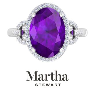 Martha Stewart 6 3/4 Carat Oval Shape Amethyst and Lab Grown Diamond Halo Ring In Sterling Silver