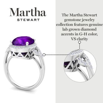 Martha Stewart 6 3/4 Carat Oval Shape Amethyst and Lab Grown Diamond Halo Ring In Sterling Silver