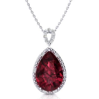 Garnet Necklace: Garnet Jewelry: 3 1/2ct Pear Shaped Garnet and Diamond Necklace In 10K White Gold