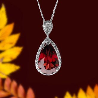 Garnet Necklace: Garnet Jewelry: 3 1/2ct Pear Shaped Garnet and Diamond Necklace In 10K White Gold