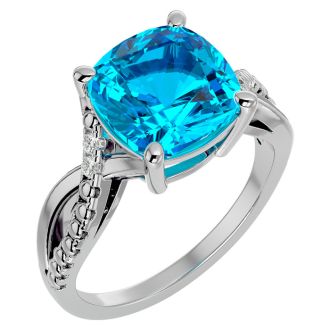4 Carat Cushion Cut Blue Topaz and Diamond Ring in 10k White Gold