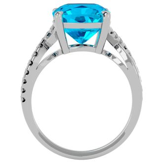 4 Carat Cushion Cut Blue Topaz and Diamond Ring in 10k White Gold