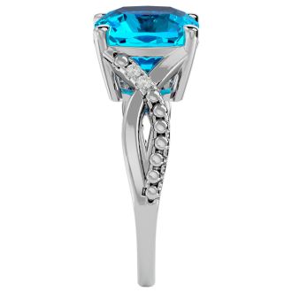 4 Carat Cushion Cut Blue Topaz and Diamond Ring in 10k White Gold