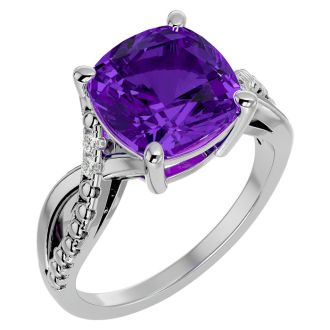 4 Carat Cushion Cut Amethyst and Diamond Ring in 10k White Gold