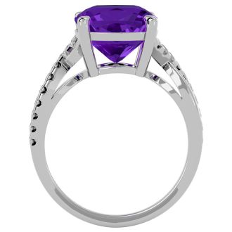 4 Carat Cushion Cut Amethyst and Diamond Ring in 10k White Gold