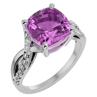 4 Carat Cushion Cut Pink Topaz and Diamond Ring in 10k White Gold