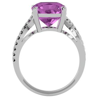4 Carat Cushion Cut Pink Topaz and Diamond Ring in 10k White Gold