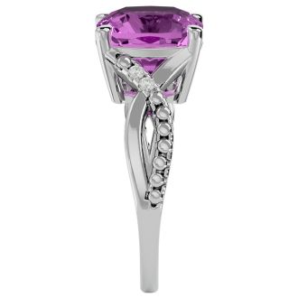 4 Carat Cushion Cut Pink Topaz and Diamond Ring in 10k White Gold