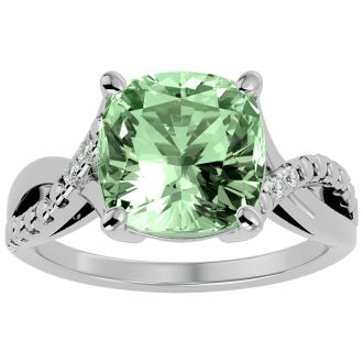 4 Carat Cushion Cut Green Amethyst and Diamond Ring in 10k White Gold