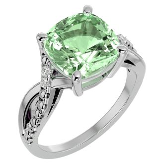 4 Carat Cushion Cut Green Amethyst and Diamond Ring in 10k White Gold