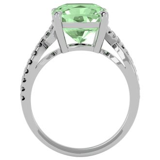 4 Carat Cushion Cut Green Amethyst and Diamond Ring in 10k White Gold