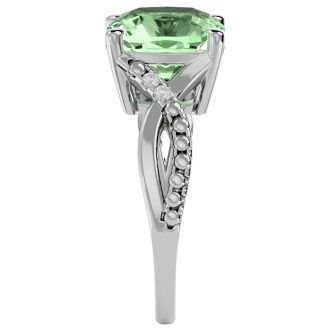 4 Carat Cushion Cut Green Amethyst and Diamond Ring in 10k White Gold